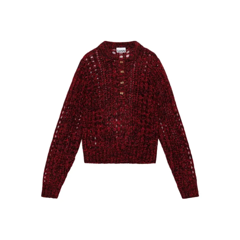 GANNI Mohair Lace Polo Sweater Sweater Women's Red-0