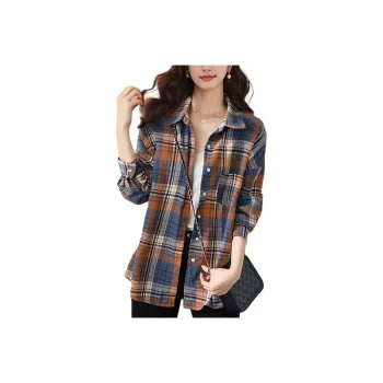 Wbwq Shirt Women's Blue White Orange Plaid