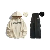 Light Apricot Sweatshirt+Black Casual Pants[Fleece-Lined]