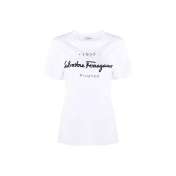 FERRAGAMO Letter Print Crew Neck Short Sleeved T Shirt T Shirt Women's White