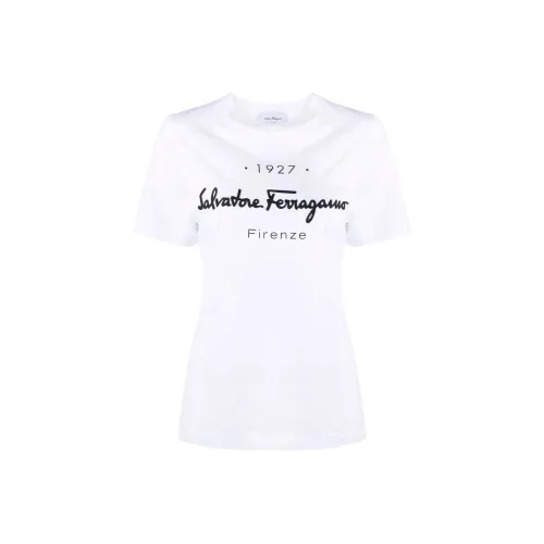 FERRAGAMO Letter Print Crew Neck Short Sleeved T Shirt T Shirt Women's White