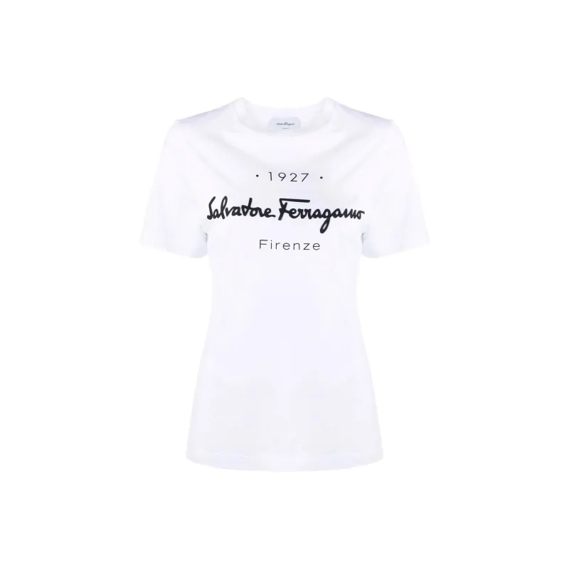 FERRAGAMO Letter Print Crew Neck Short Sleeved T Shirt T Shirt Women's White-0