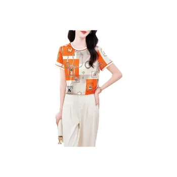 Yi Mengyuan Set in Sleeve Short Sleeved Silk T Shirt Women's Emma Orange
