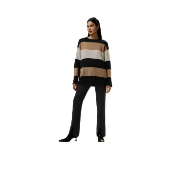 LILIXIUKE Sweater Women's Black Base With Camel Beige Wide Stripes