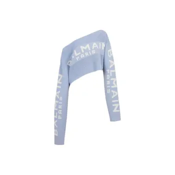 BALMAIN Off Shoulder Knit Crop Top 'Bleu Pale/Blanc'