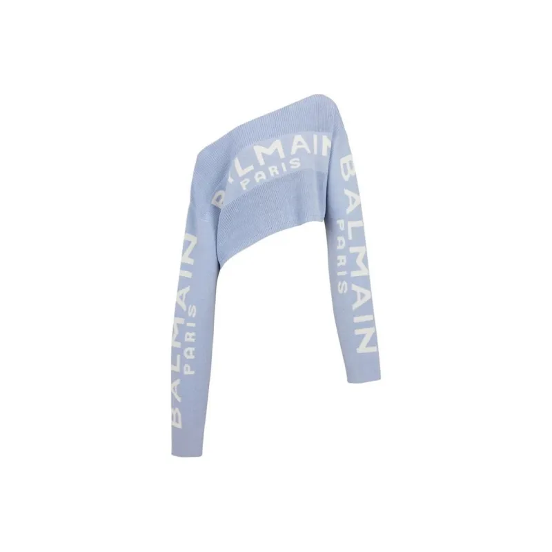 BALMAIN Off Shoulder Knit Crop Top 'Bleu Pale/Blanc'-0