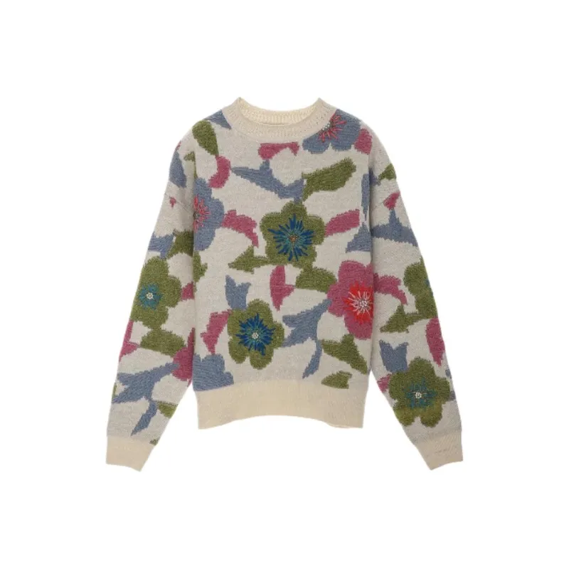 LIANCAN Sweater Women's White Base With Colorful Floral-0