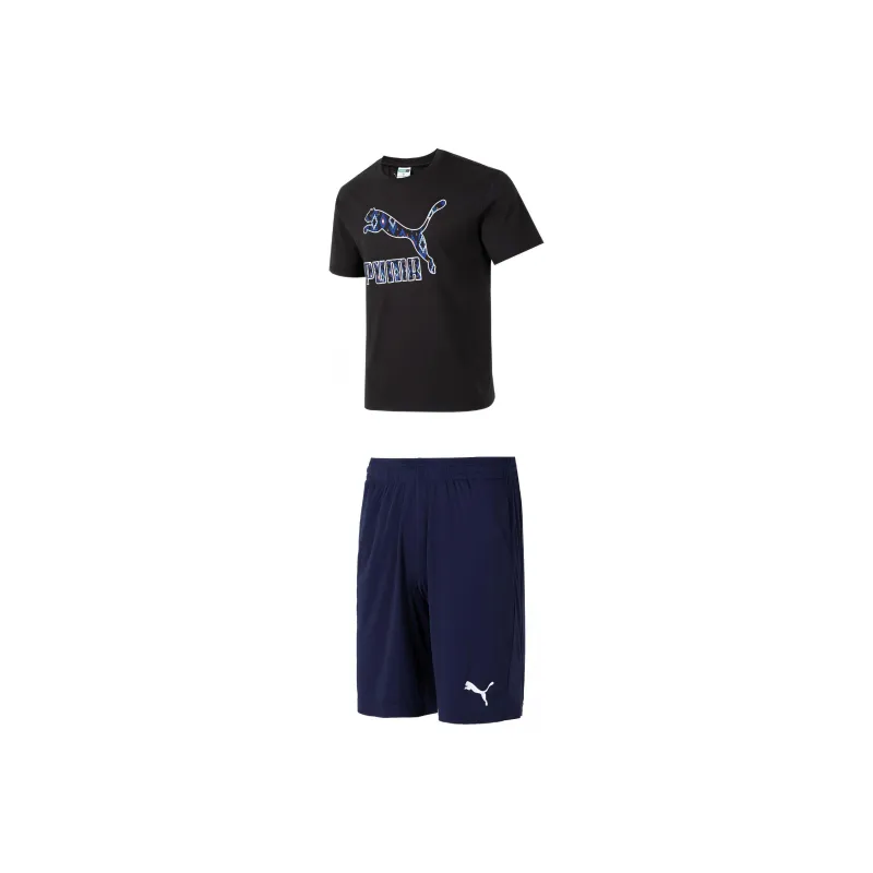 PUMA Casual Sportswear Men Clothing Set Black Short Sleeved Shirt+Blue Shorts-0