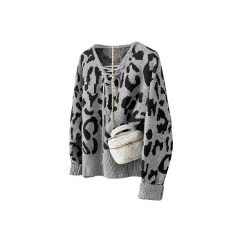 TOUCH Sweater Women's Gray Base With Black Leopard Print