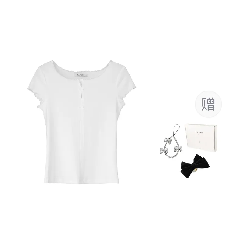 Fstudio Summer Atmosphere Design Solid Color Slimming Short Sleeved T Shirts Women's-0