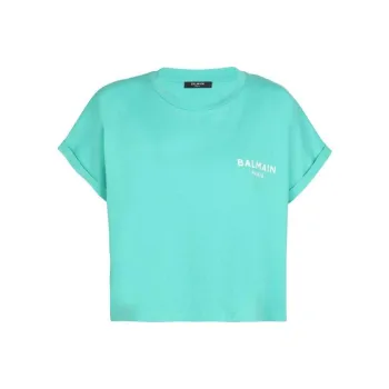 BALMAIN Logo Printed Cropped T Shirt 'Water Green/White'
