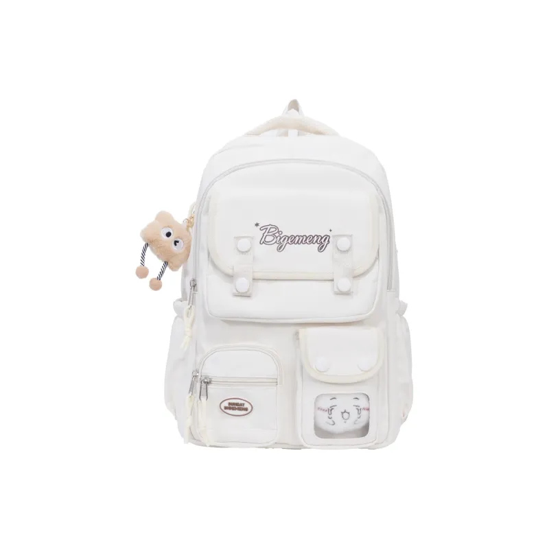 BUBM Nylon Fabric Backpack Unisex Ecru/Black/Light Pink/Light Blue-18