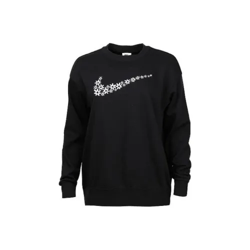 Nike Women'ss Floral Logo Print Fleece Crewneck pullover Hoody Sweatshirt Black