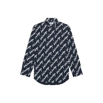 Balenciaga Scribble Oversized Button Down Shirt 'Navy/White'