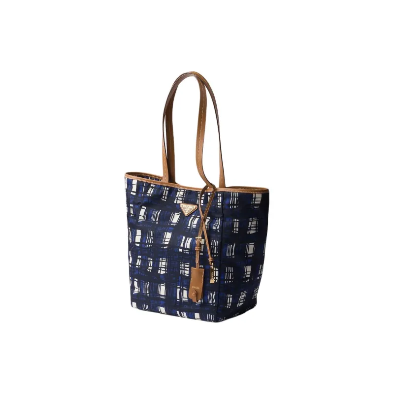 PRADA Recycled Polyamide Tote Bag, Shopping Bag, Shoulder Bag Medium Size Women's Blue & Camel-1