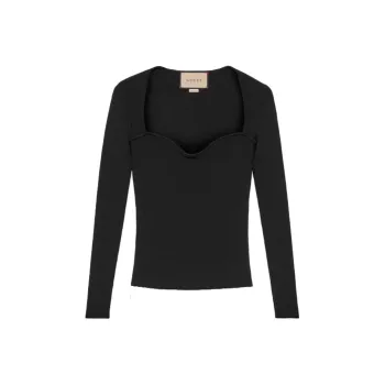 GUCCI Sweetheart Neck Ribbed Knit Sweater Black