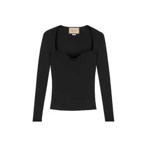 GUCCI Sweetheart Neck Ribbed Knit Sweater Black