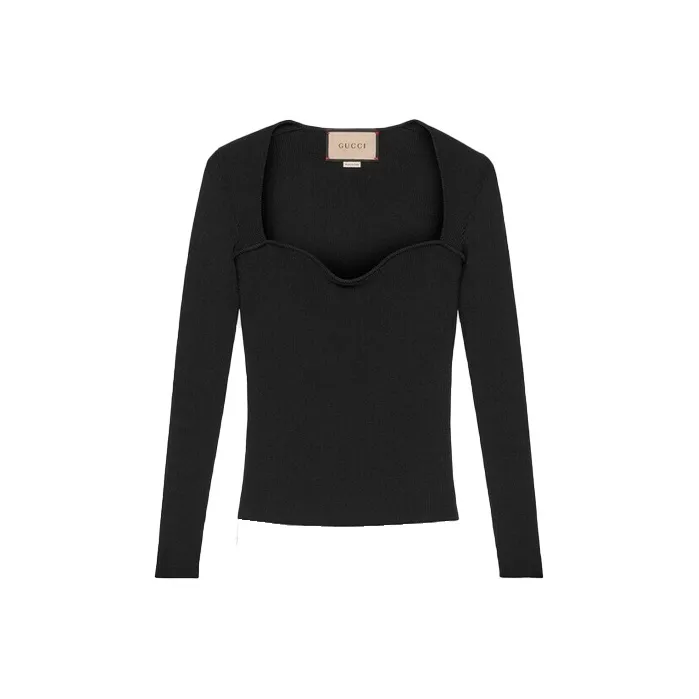 GUCCI Sweetheart Neck Ribbed Knit Sweater Black-0