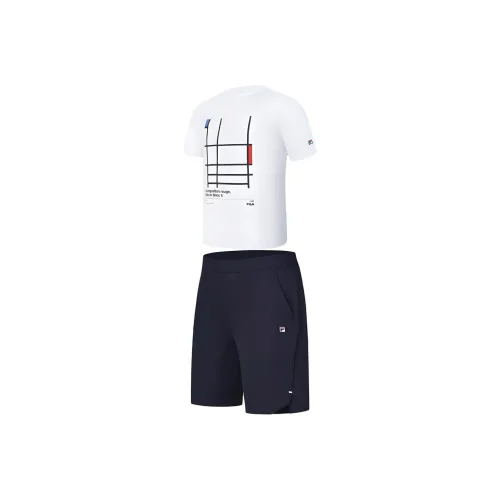 FILA Casual Sportswear Men Clothing Set Jade White Top+Royal Blue Shorts