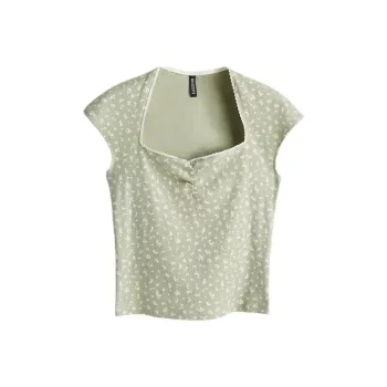 H&M T Shirt Women's Light Khaki Green/Floral