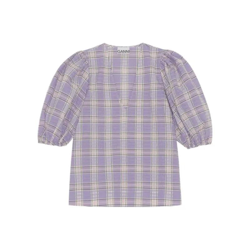 GANNI Check patterned Puff Sleeve Blouse-0