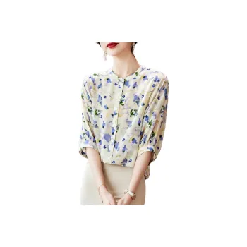 Yi Mengyuan Silk Shirt Women's Purple Green Flowers