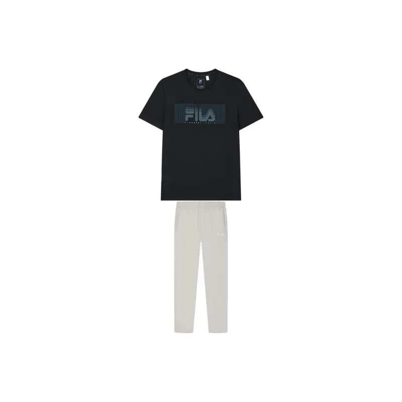 FILA Casual Sportswear Men Clothing Sets Jet Black Top+Light Khaki Long Pants-0