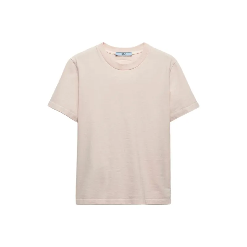 PRADA Solid Color Rear Logo Embroidered Crew Neck Short Sleeved T Shirt Women's Peach-0