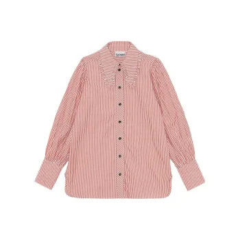 GANNI Stripe Cotton Long Collar Puff Sleeve Shirt 'Orangedotcom'