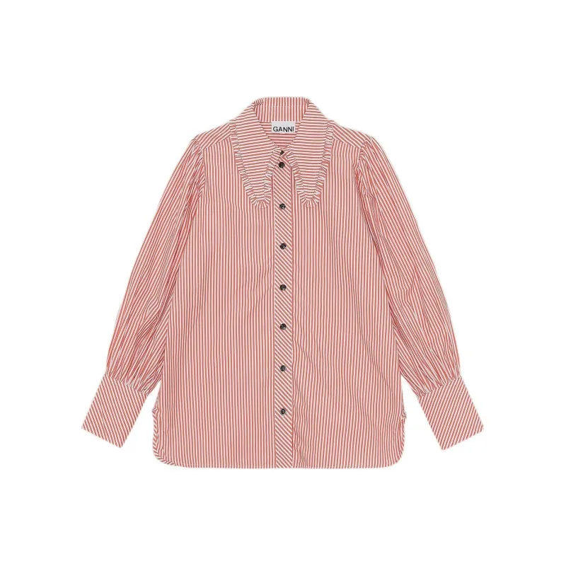 GANNI Stripe Cotton Long Collar Puff Sleeve Shirt 'Orangedotcom'-0