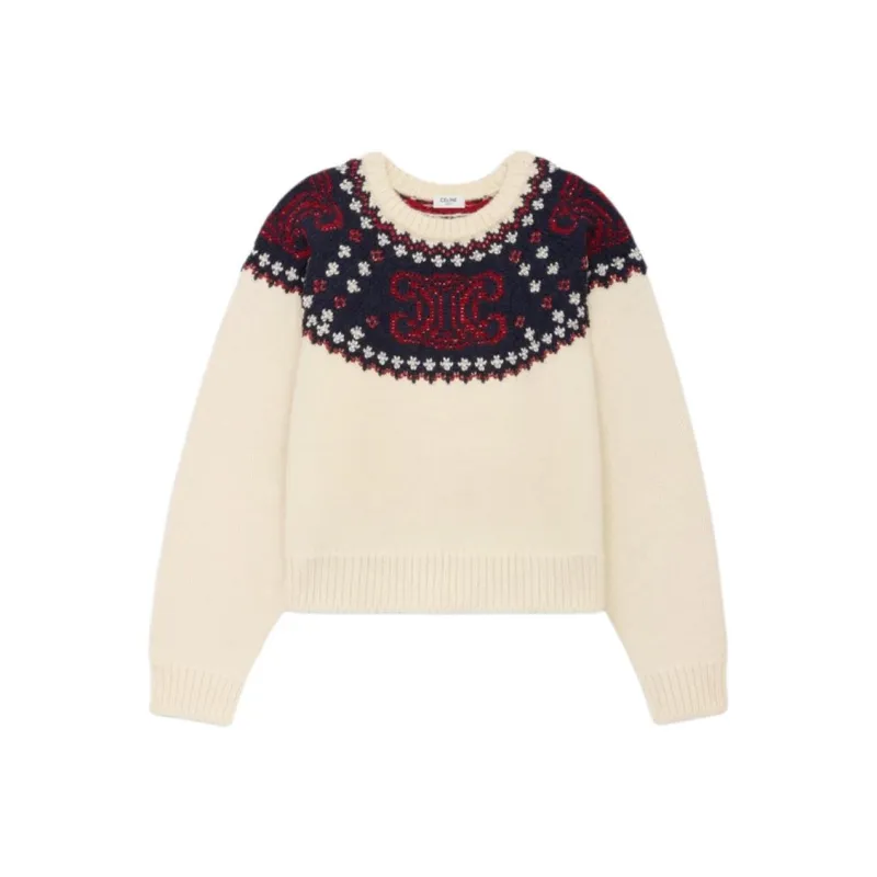 CELINE Embroidered Crew Neck Sweater In Fair Isle Wool-0