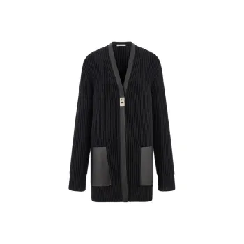 Ferragamo Leather Trimmed V Neck Cardigan