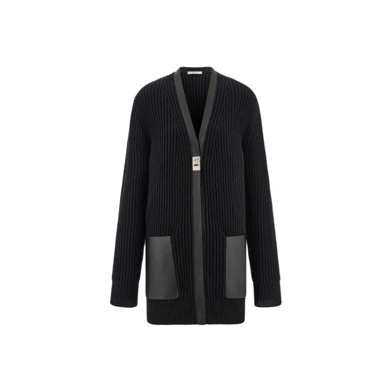 Ferragamo Leather Trimmed V Neck Cardigan-0