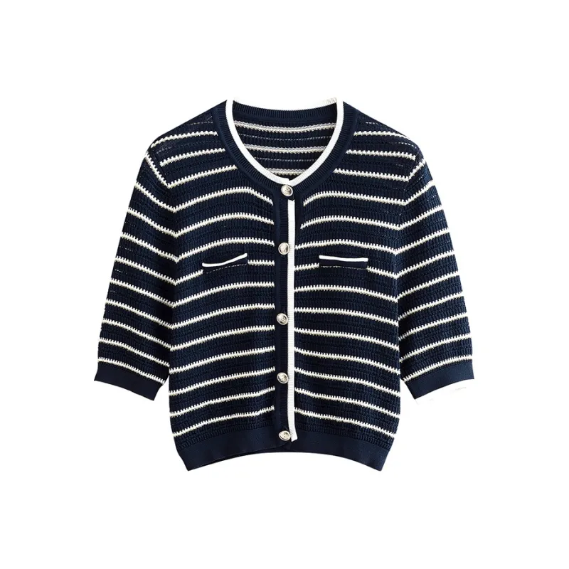 Initial Language Knitwear Women's Royal Blue White Stripes-0