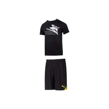 PUMA Casual Sportswear Men Set Black Short Sleeved Shirt+Black Yellow Shorts