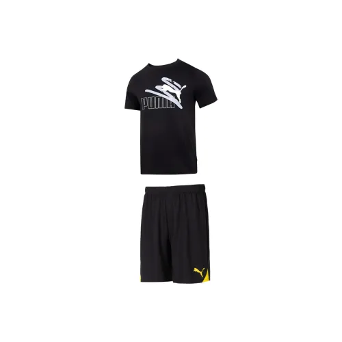 PUMA Casual Sportswear Men Set Black Short Sleeved Shirt+Black Yellow tiered shorts
