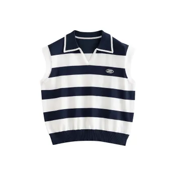 Initial Language T Shirt Women's Blue White Stripes