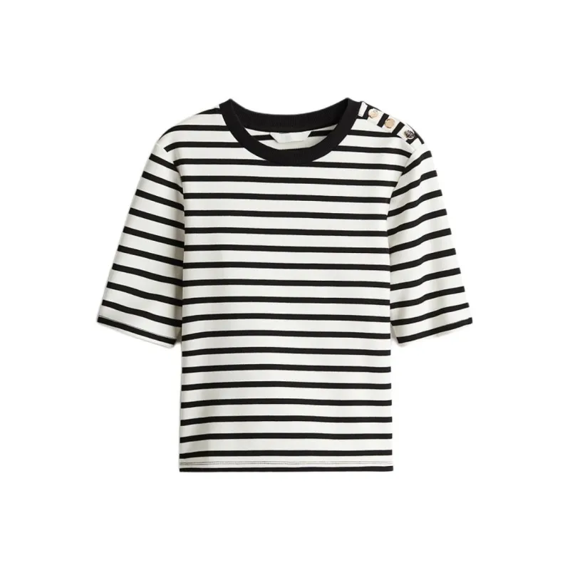 H&M T Shirt Women's White/Black Stripes-0