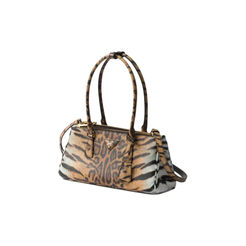 PRADA Cow Leather Shoulder Bag Medium Size Women's Beige & Black-1