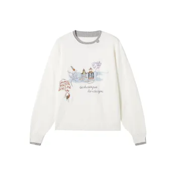 DIALOGUE Sweater Women's Landscape Embroidery In White