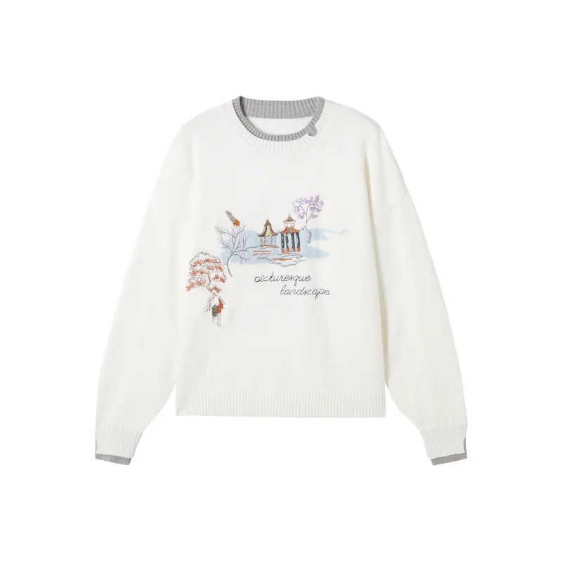 DIALOGUE Sweater Women's Landscape Embroidery White-0