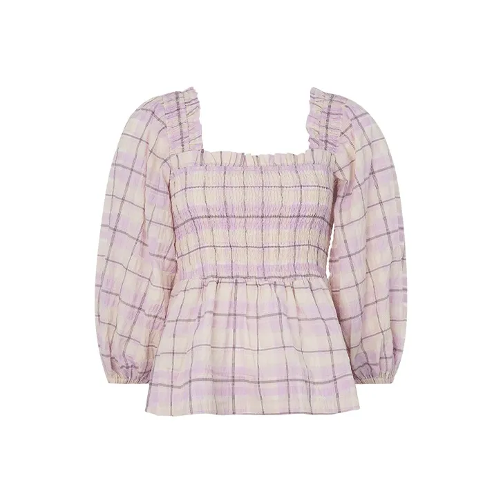 GANNI Seersucker Check Smock Top 'Orchid Blossom'-0