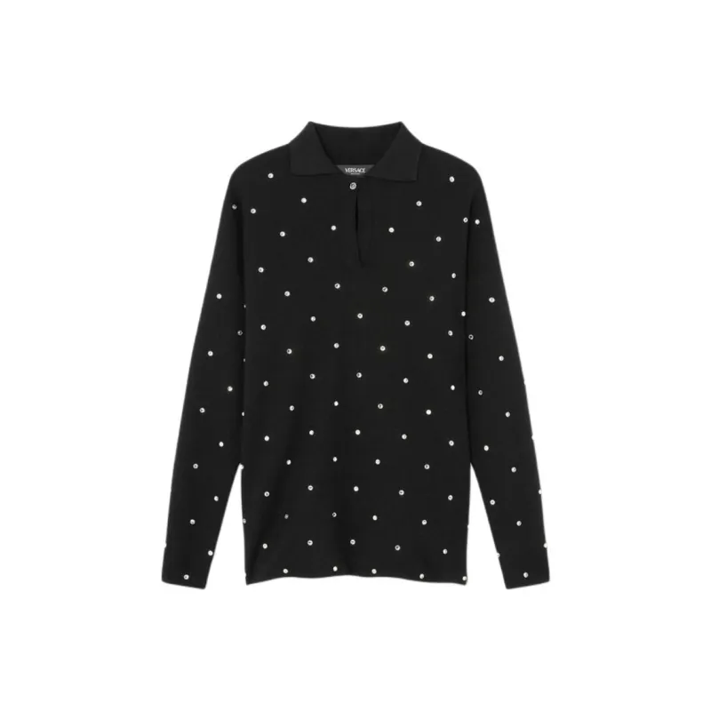 VERSACE Stud Embellished Long Sleeved Knitted Polo Shirt-0