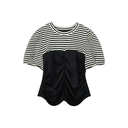 Yu Qianwen Regular T Shirt Women's Black White Stripes