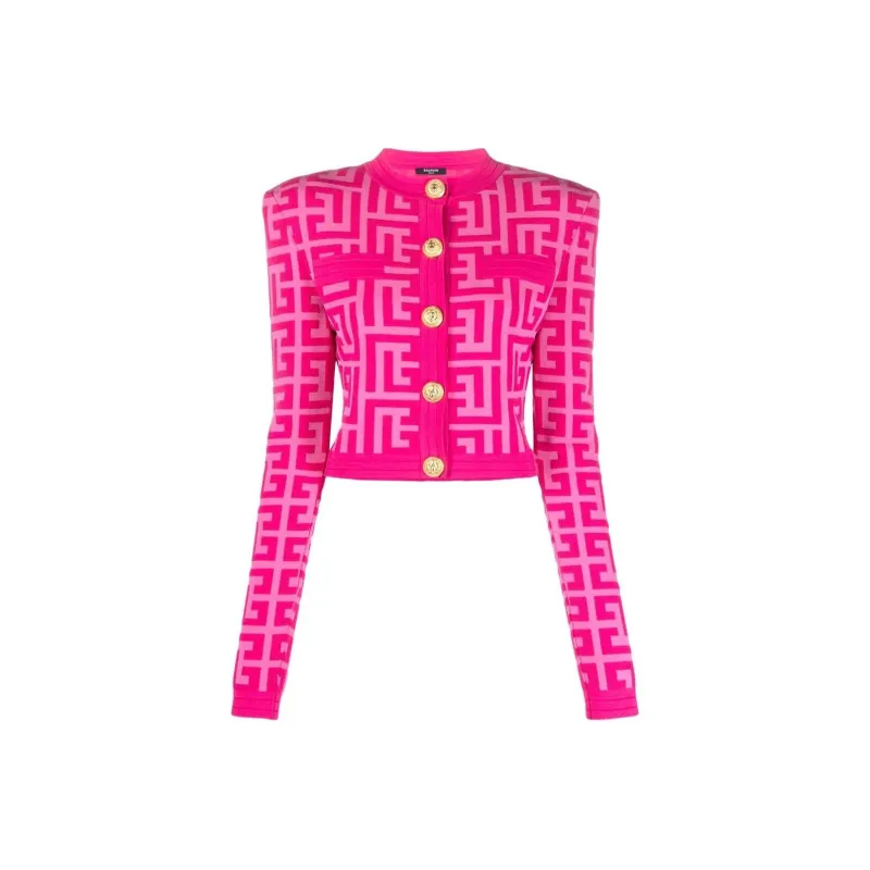 BALMAIN Cropped Maxi Monogram Knitted Cardigan 'Pink'-0