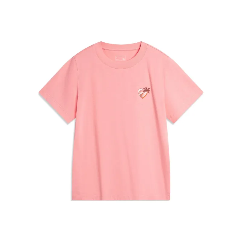 LiNing Sports Life Collection Drop Shoulder Sleeve T Shirt Women's Camellia Pink-0