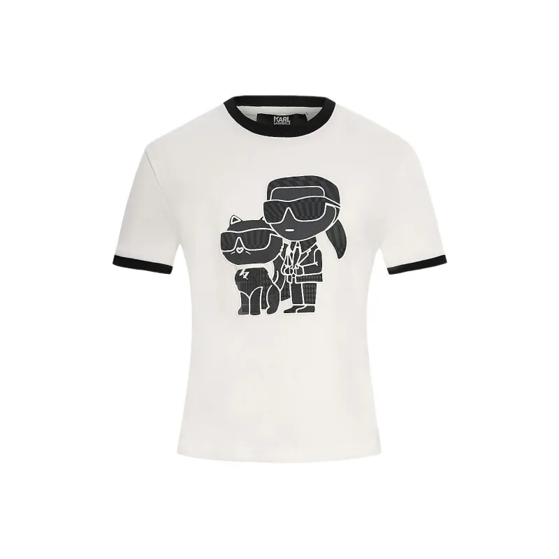 KARL LAGERFELD Logo Print Crew Neck Slim Fit Cropped Short Sleeved T Shirt T Shirt Women's White-0