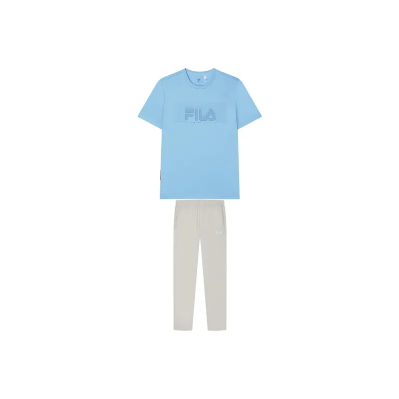 FILA Casual Sportswear Men Clothing Set Blue Short Sleeved Shirt+Light Khaki Pants-0