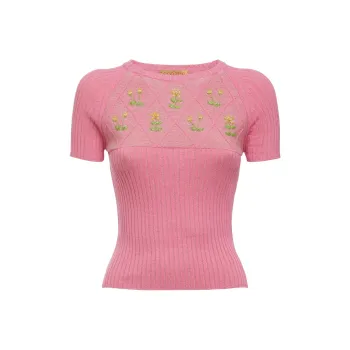 CORMIO Floral Embroidered Crewneck Top