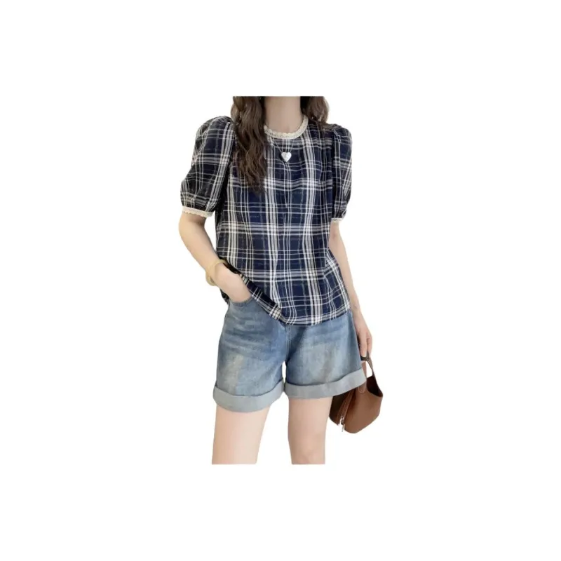 Oudifu Puff Sleeve T Shirt Women's Blue-0
